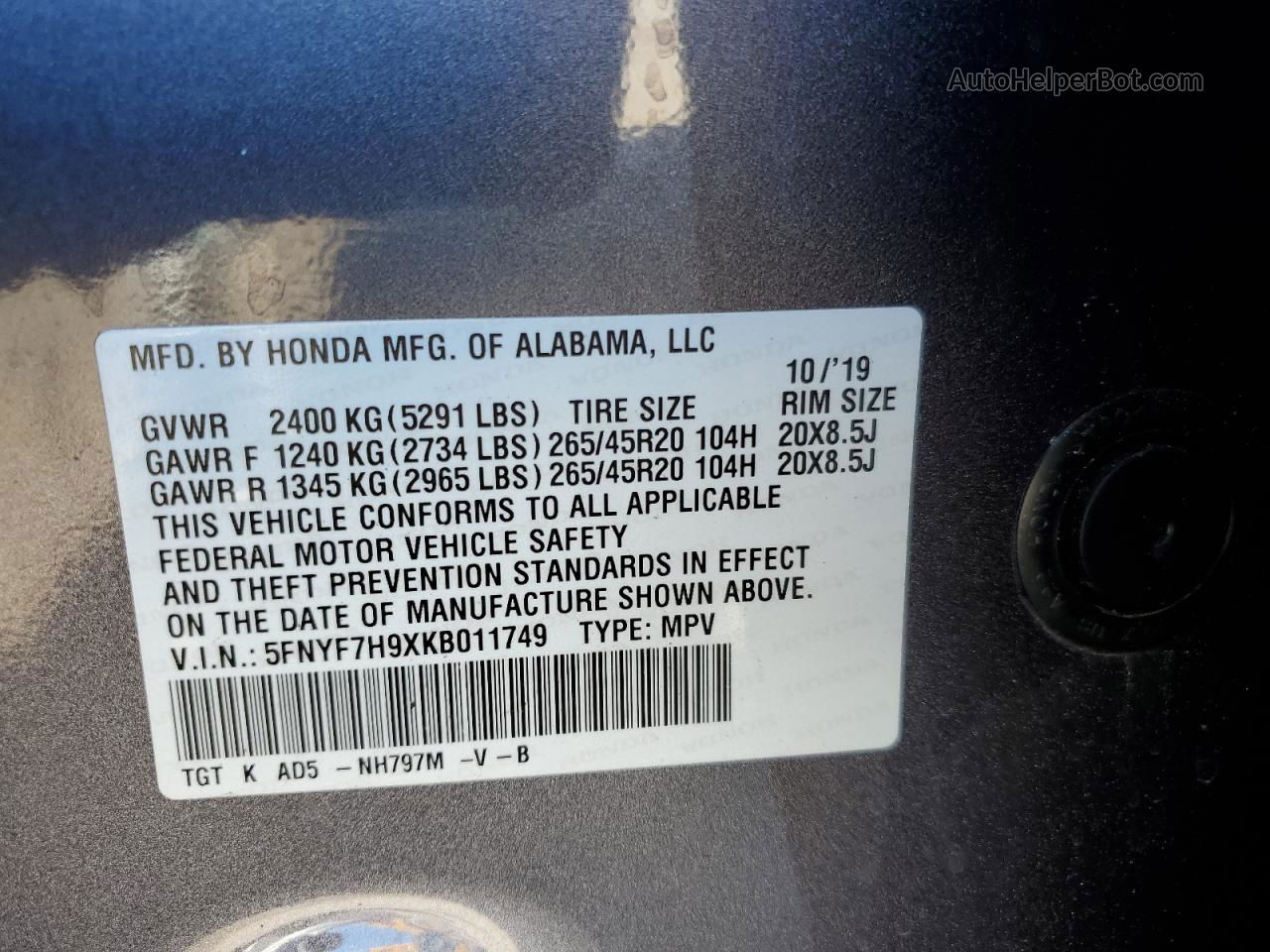 2019 Honda Passport Touring Charcoal vin: 5FNYF7H9XKB011749