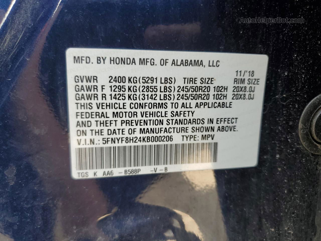 2019 Honda Passport Sport Blue vin: 5FNYF8H24KB000206