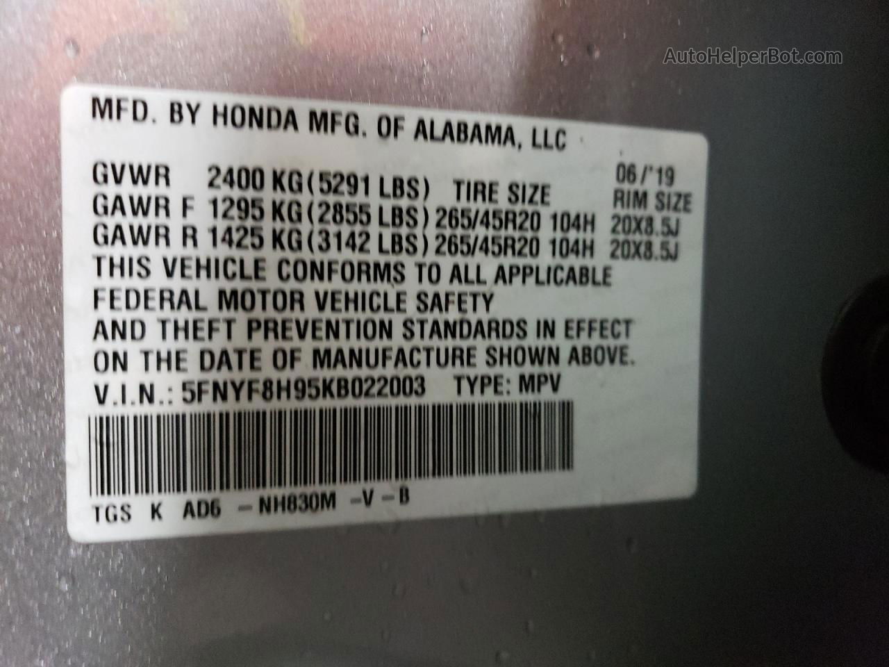 2019 Honda Passport Touring Silver vin: 5FNYF8H95KB022003