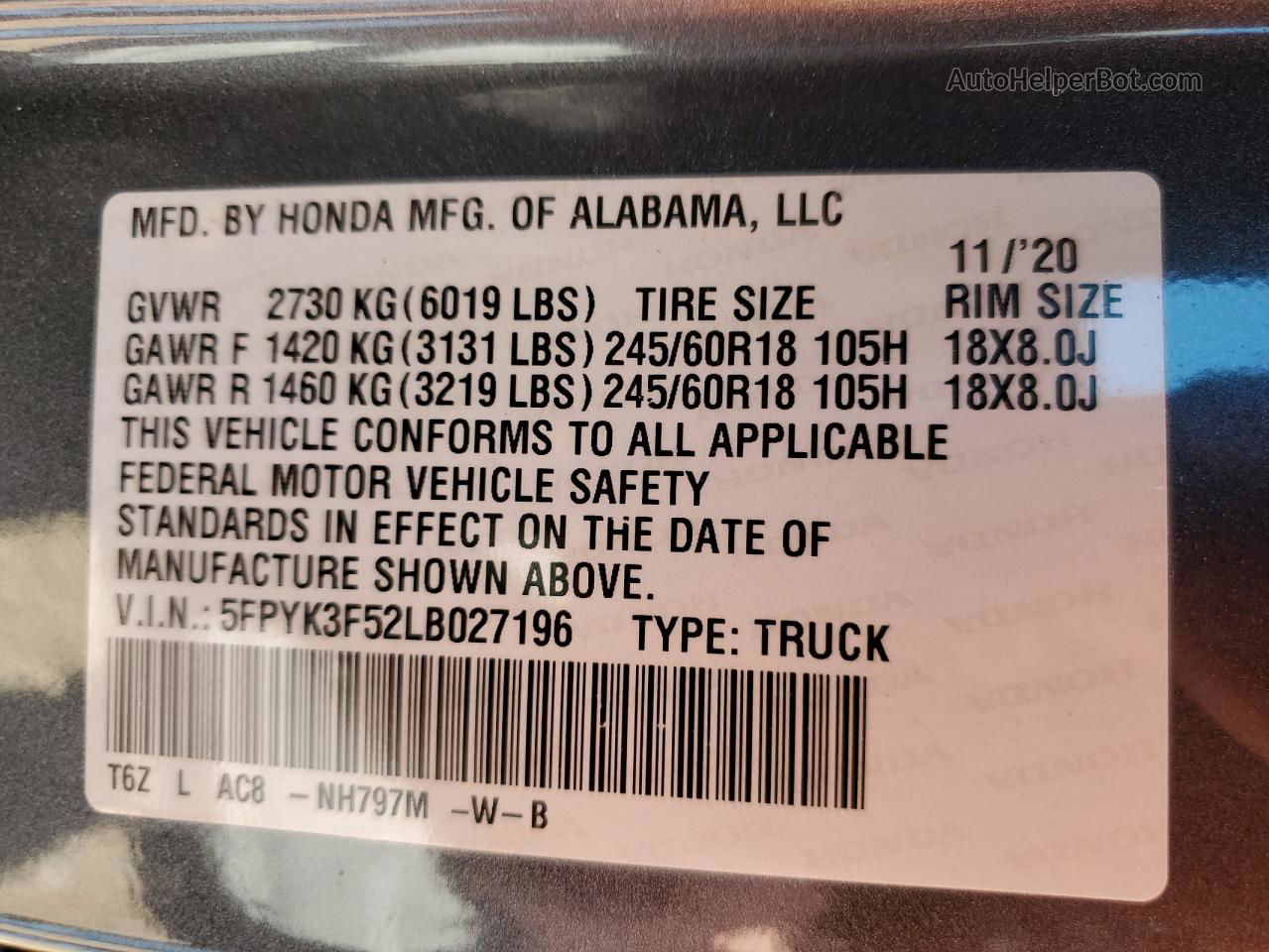 2020 Honda Ridgeline Rtl Charcoal vin: 5FPYK3F52LB027196