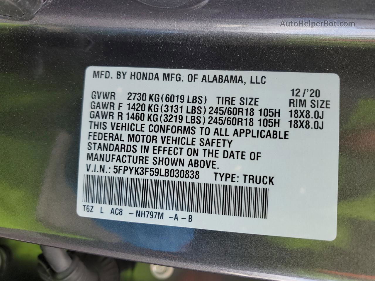 2020 Honda Ridgeline Rtl Gray vin: 5FPYK3F59LB030838