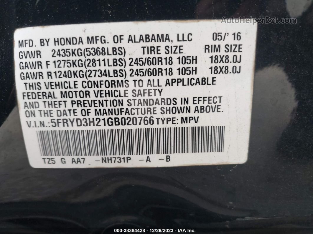 2016 Acura Mdx Acurawatch Plus Package Black vin: 5FRYD3H21GB020766