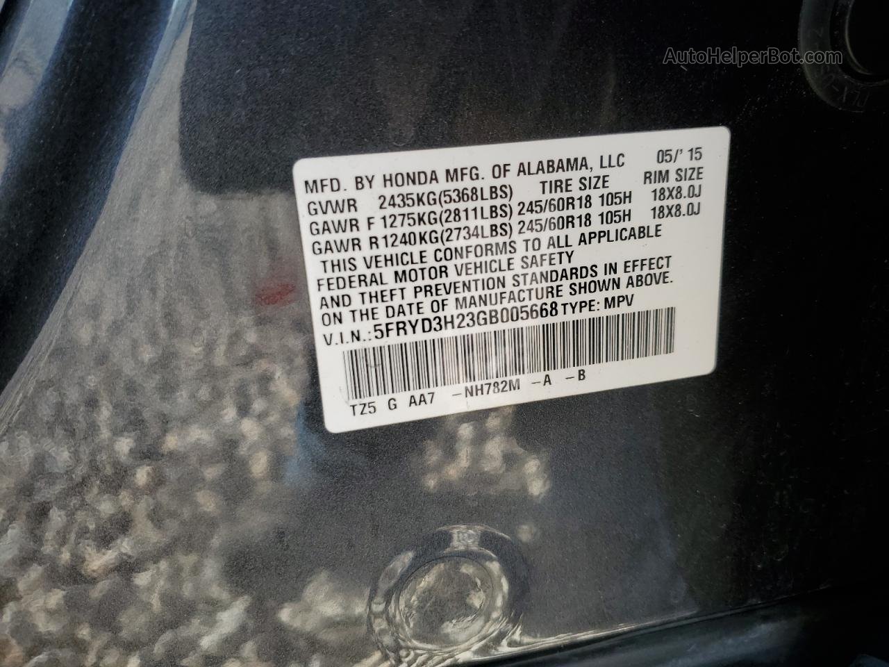 2016 Acura Mdx  Угольный vin: 5FRYD3H23GB005668