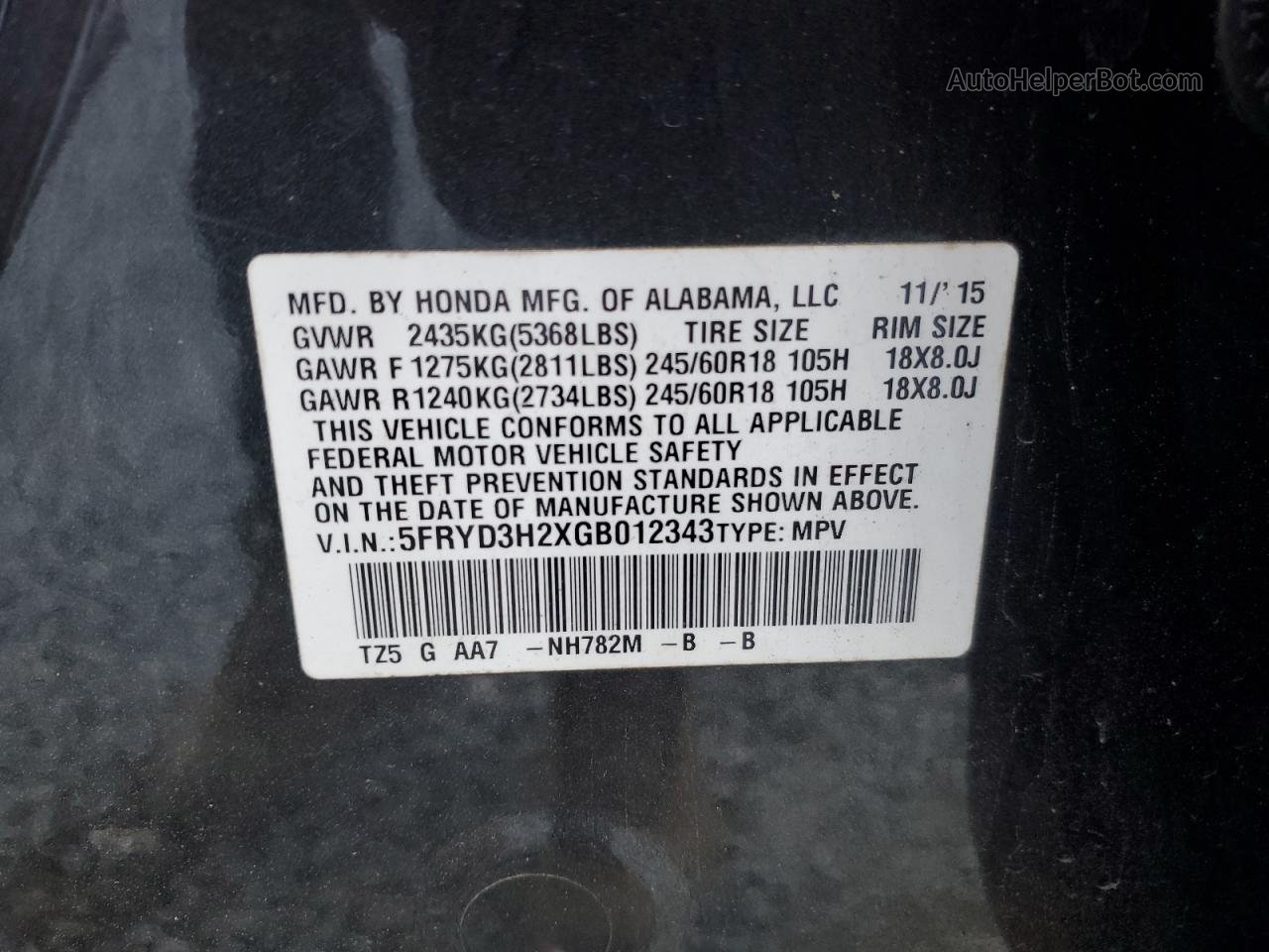 2016 Acura Mdx  Charcoal vin: 5FRYD3H2XGB012343
