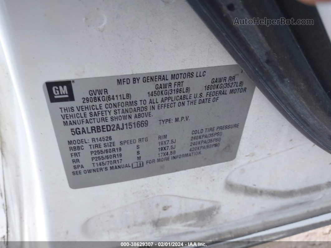 2010 Buick Enclave 1xl White vin: 5GALRBED2AJ151669