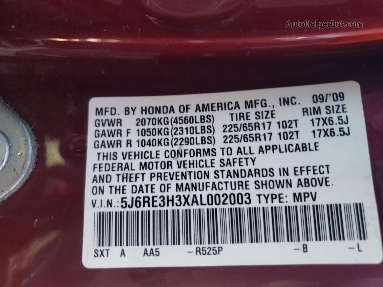 2010 Honda Cr-v Lx Burgundy vin: 5J6RE3H3XAL002003