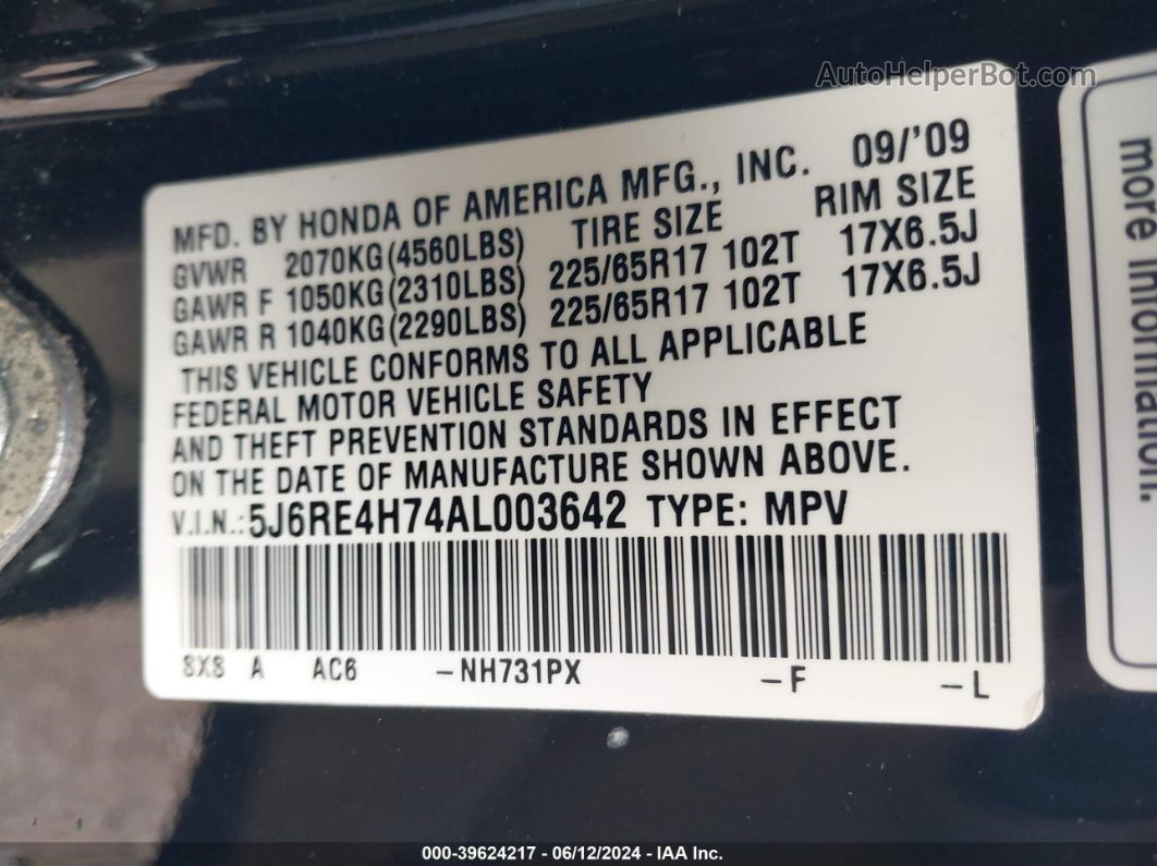 2010 Honda Cr-v Ex-l Black vin: 5J6RE4H74AL003642