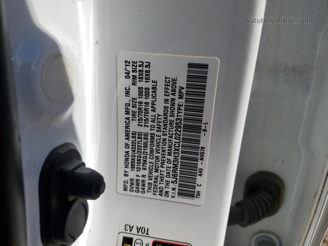 2012 Honda Cr-v Lx White vin: 5J6RM3H3XCL022953