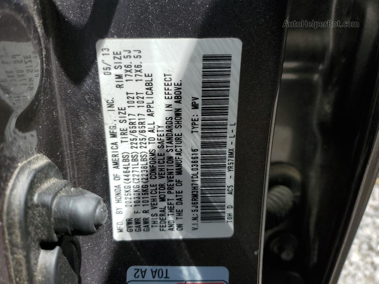 2013 Honda Cr-v Exl Серый vin: 5J6RM3H71DL036616