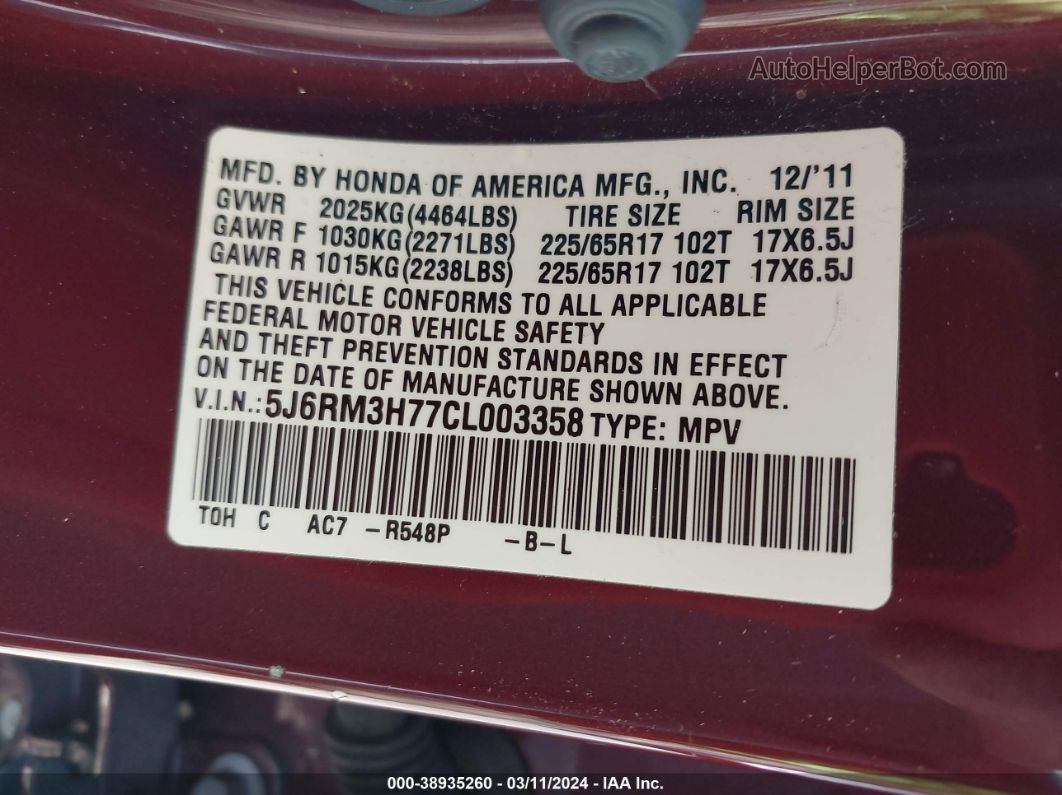 2012 Honda Cr-v Ex-l Maroon vin: 5J6RM3H77CL003358