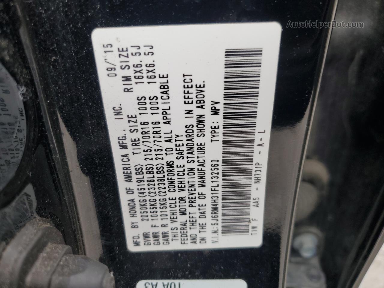 2015 Honda Cr-v Lx Black vin: 5J6RM4H31FL132560