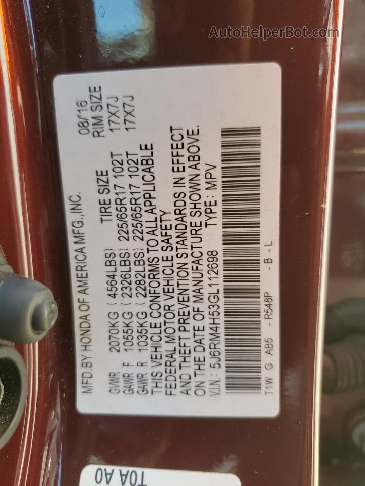 2016 Honda Cr-v Ex Красный vin: 5J6RM4H53GL112698