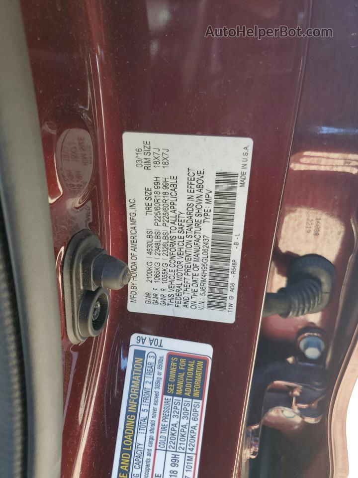 2016 Honda Cr-v Touring Maroon vin: 5J6RM4H95GL062437