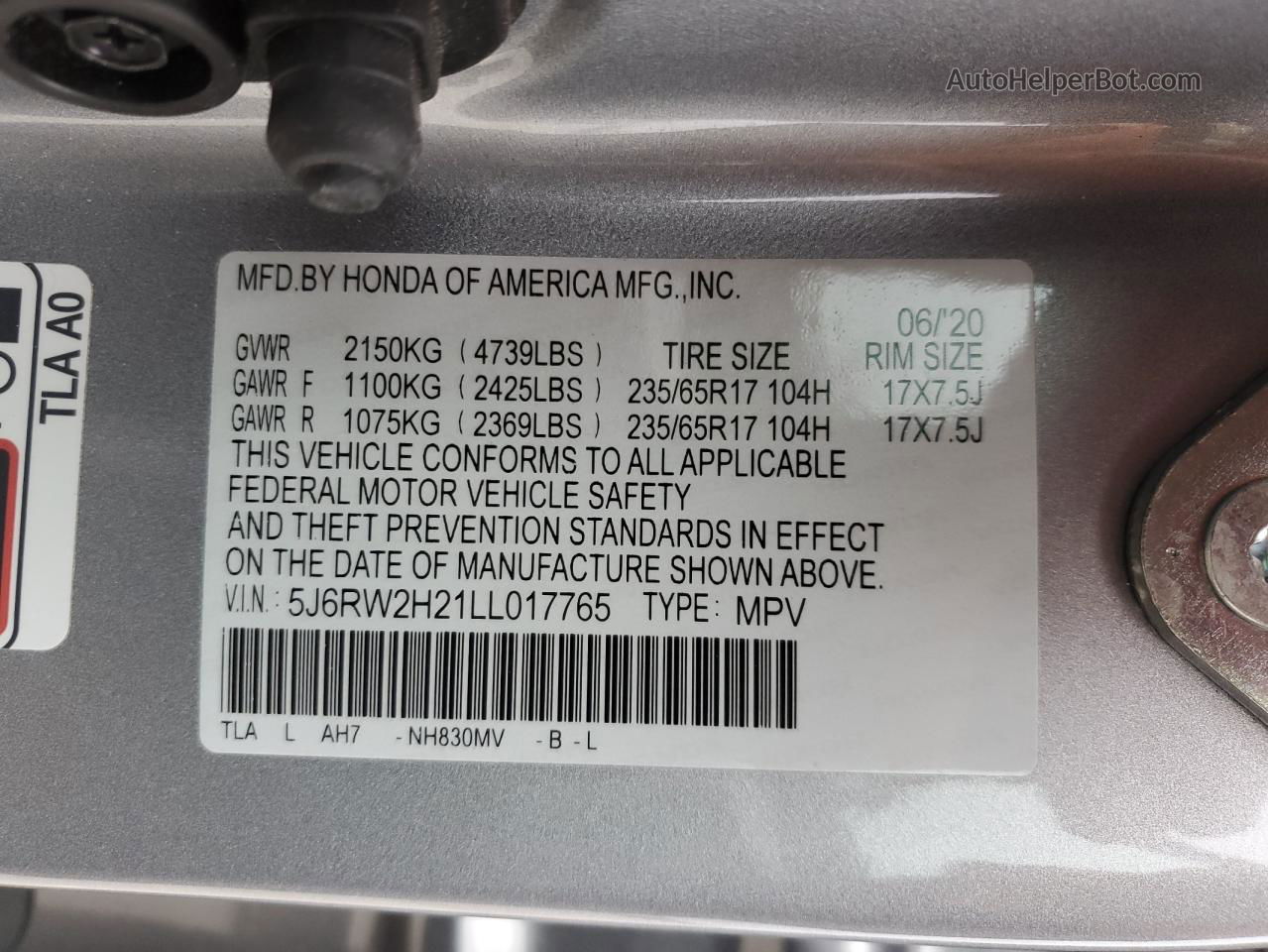 2020 Honda Cr-v Lx Silver vin: 5J6RW2H21LL017765