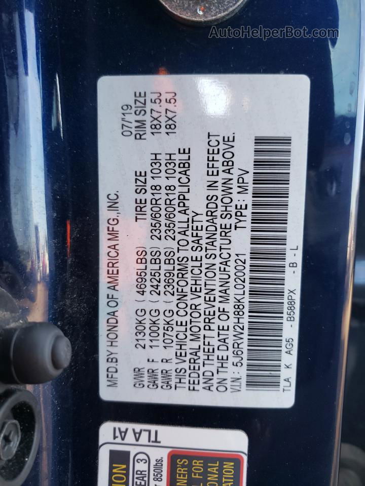2019 Honda Cr-v Exl Blue vin: 5J6RW2H88KL020021