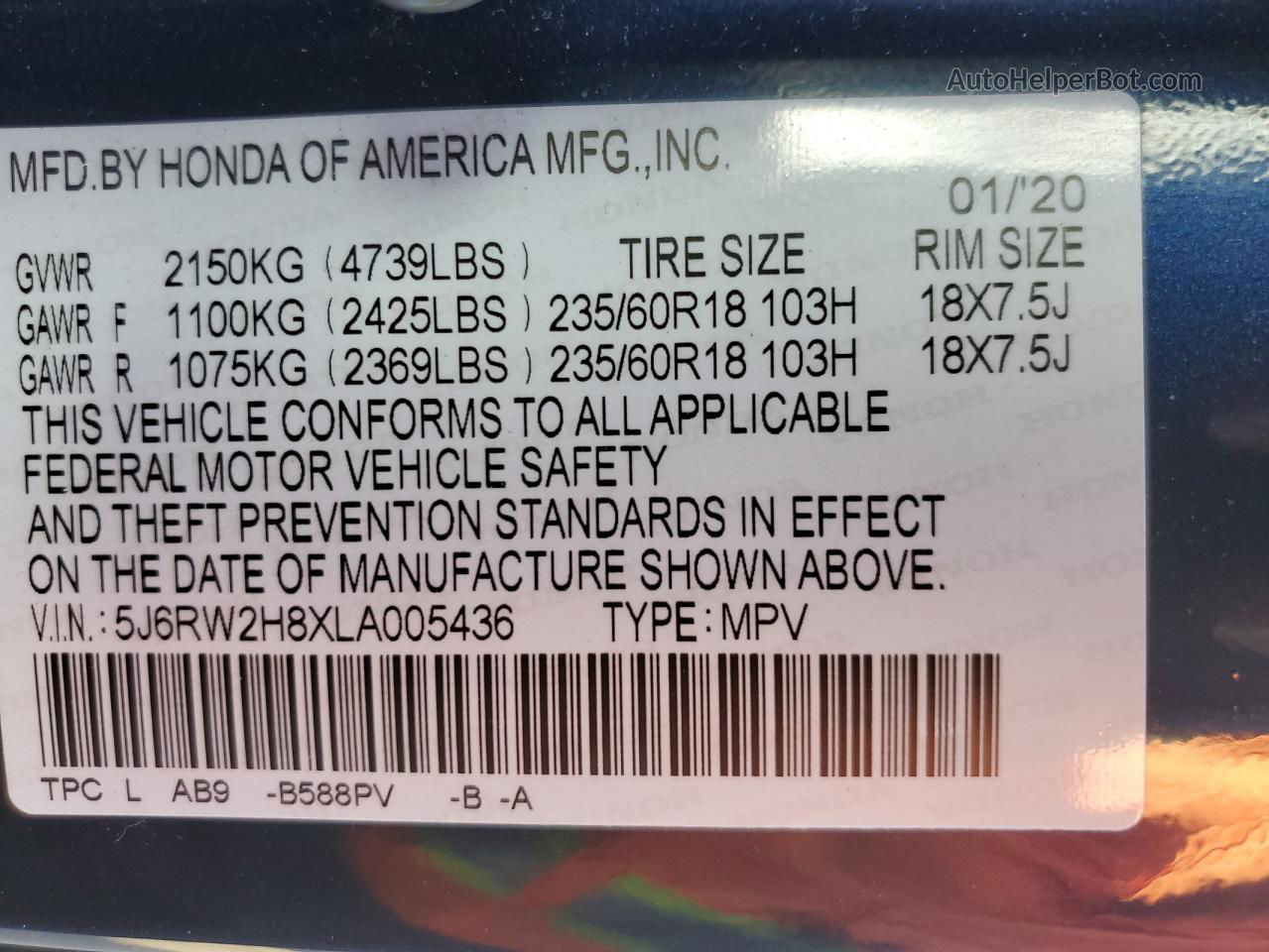 2020 Honda Cr-v Exl Blue vin: 5J6RW2H8XLA005436