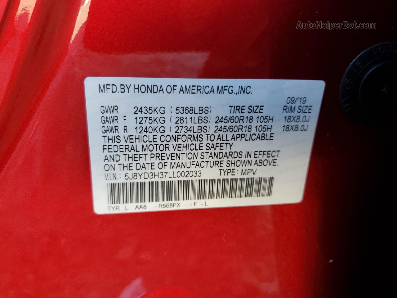 2020 Acura Mdx  Red vin: 5J8YD3H37LL002033