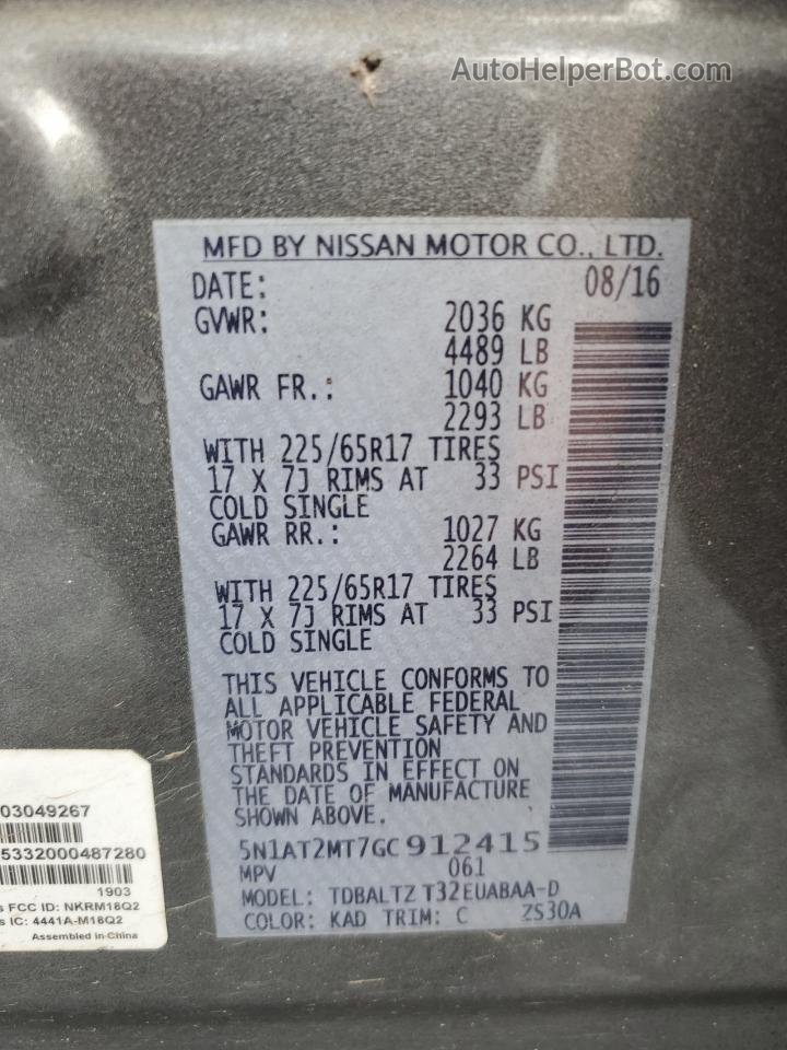 2016 Nissan Rogue S Угольный vin: 5N1AT2MT7GC912415