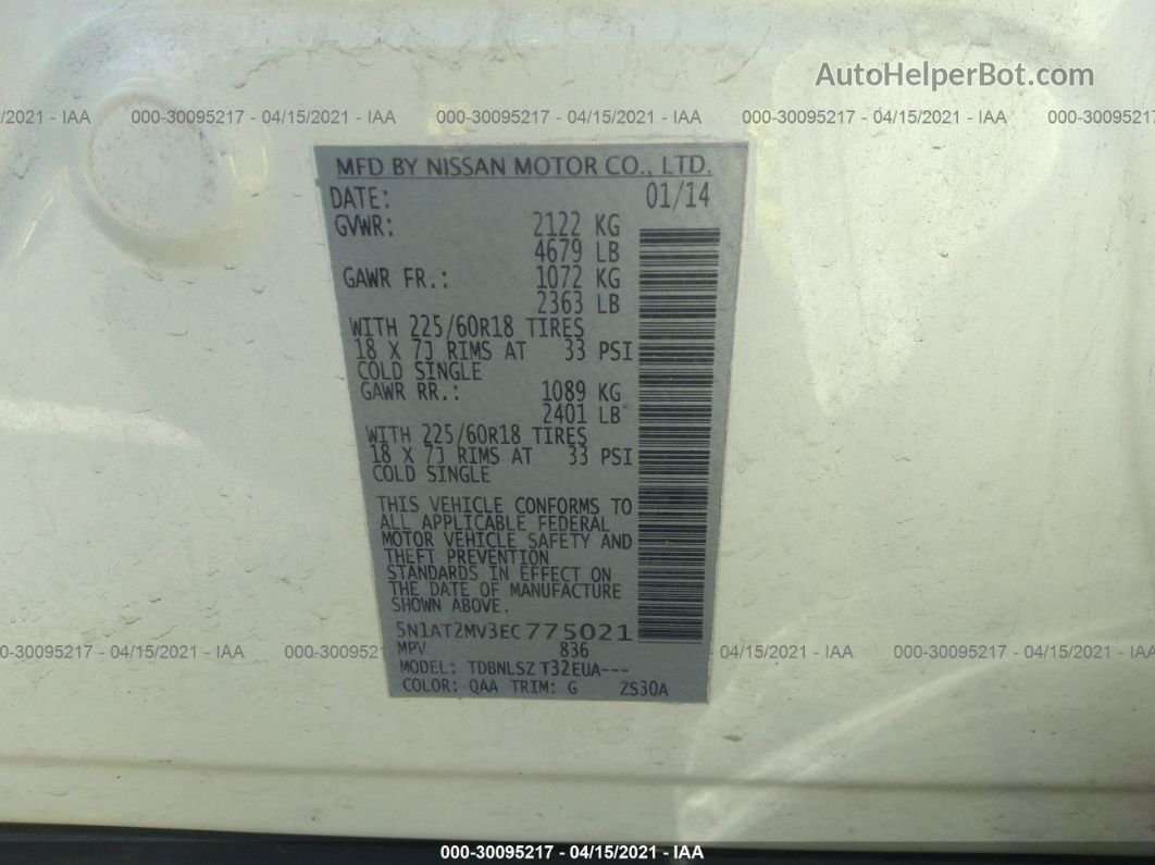 2014 Nissan Rogue Sl Белый vin: 5N1AT2MV3EC775021