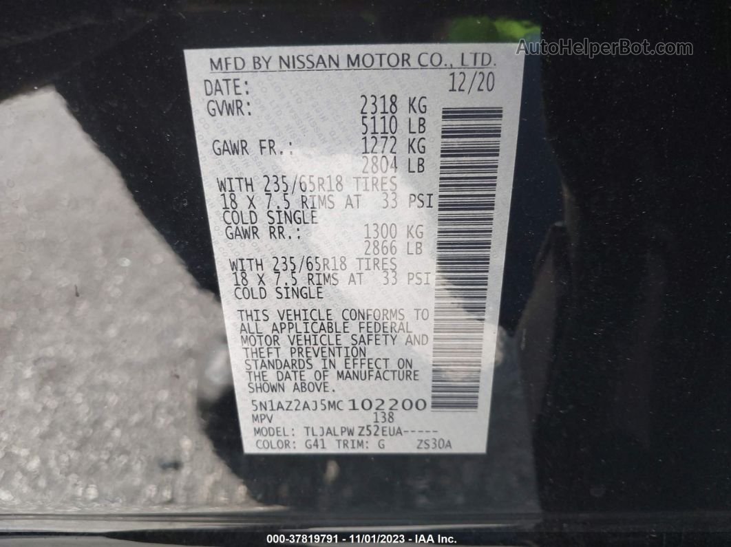2021 Nissan Murano S Fwd Black vin: 5N1AZ2AJ5MC102200
