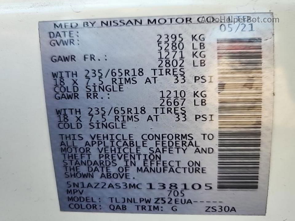 2021 Nissan Murano S Белый vin: 5N1AZ2AS3MC138105