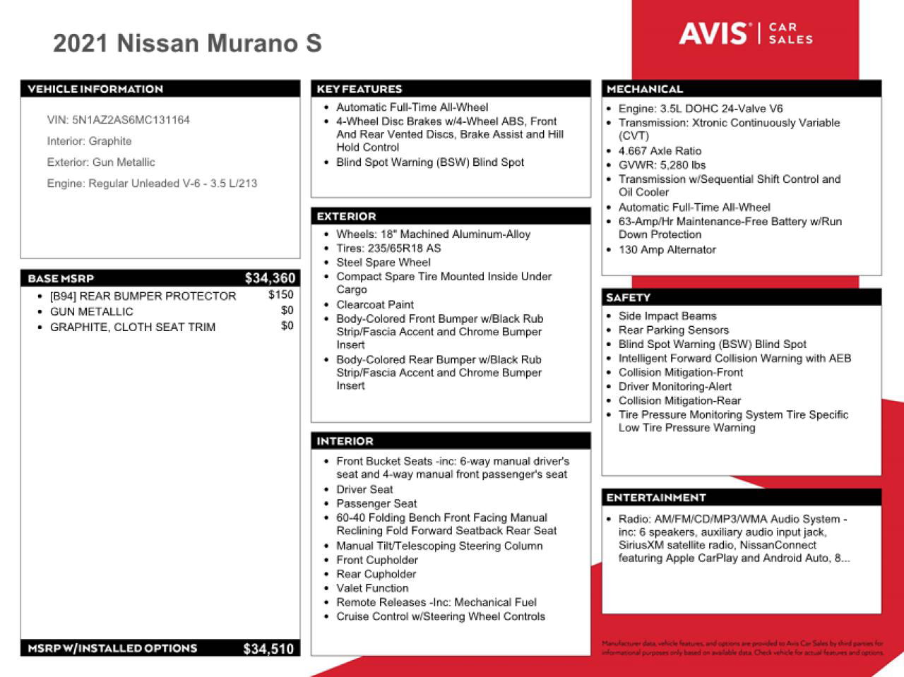 2021 Nissan Murano S Burn vin: 5N1AZ2AS6MC131164
