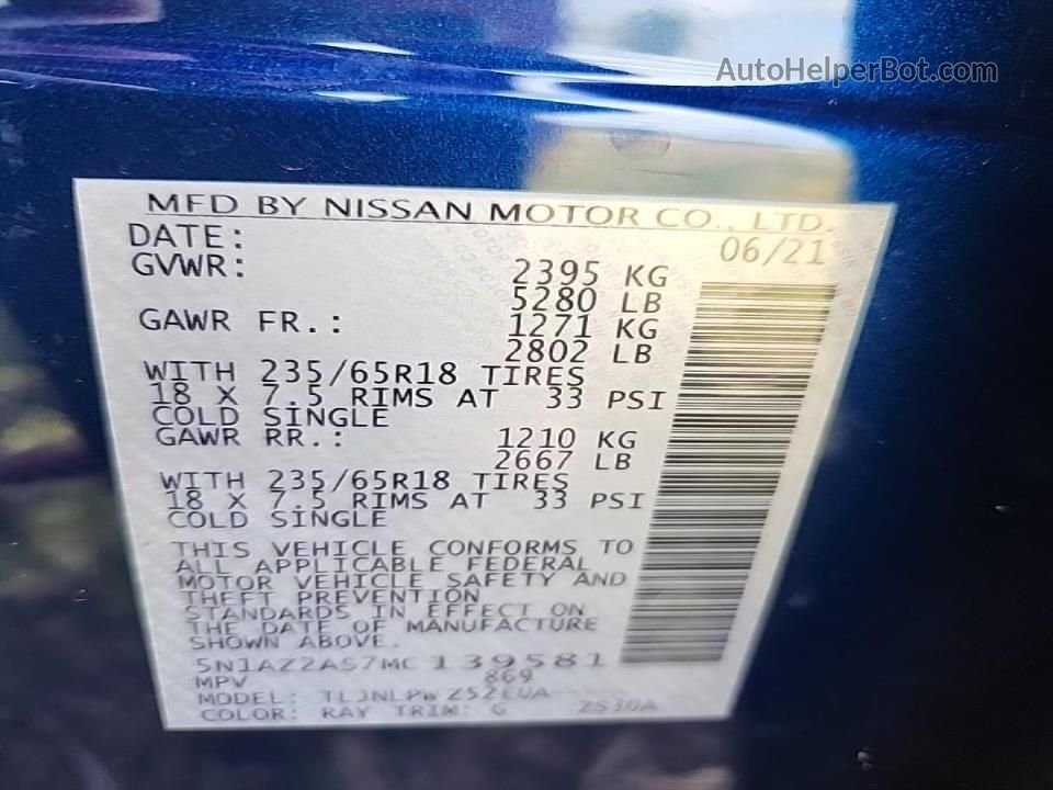 2021 Nissan Murano S Синий vin: 5N1AZ2AS7MC139581