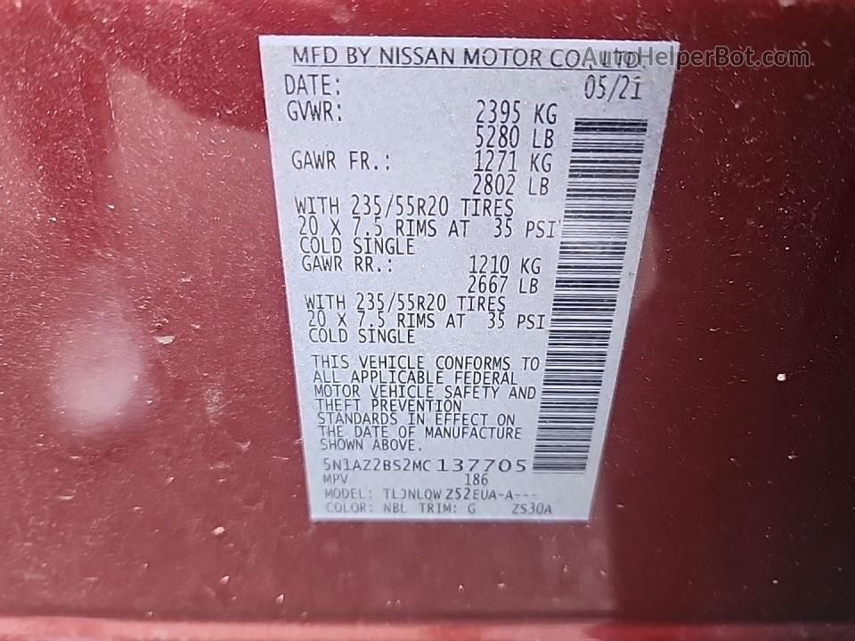 2021 Nissan Murano Sv Red vin: 5N1AZ2BS2MC137705