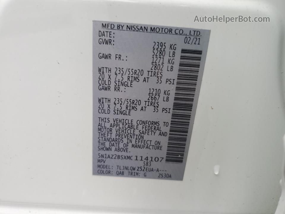 2021 Nissan Murano Sv White vin: 5N1AZ2BSXMC114107