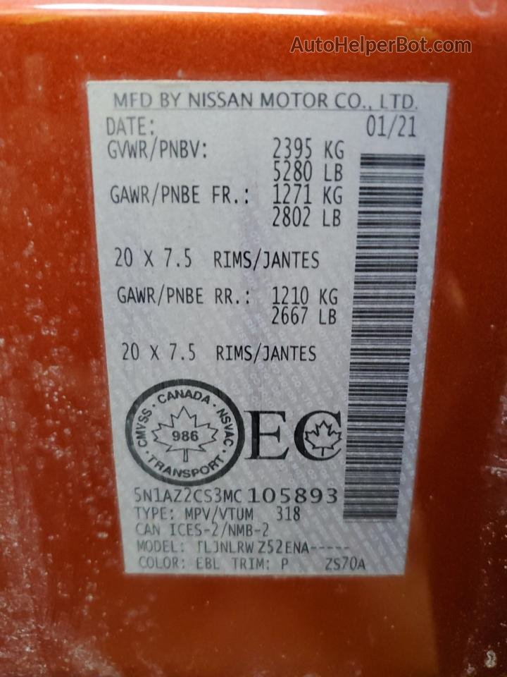 2021 Nissan Murano Sl Orange vin: 5N1AZ2CS3MC105893