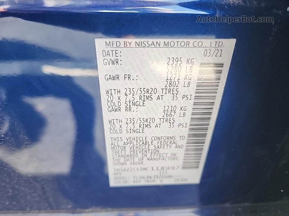 2021 Nissan Murano Sl Синий vin: 5N1AZ2CS3MC118997