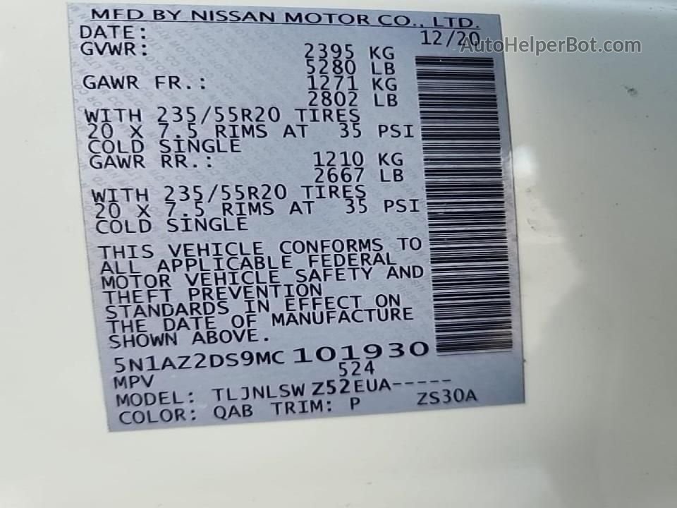 2021 Nissan Murano Platinum Белый vin: 5N1AZ2DS9MC101930
