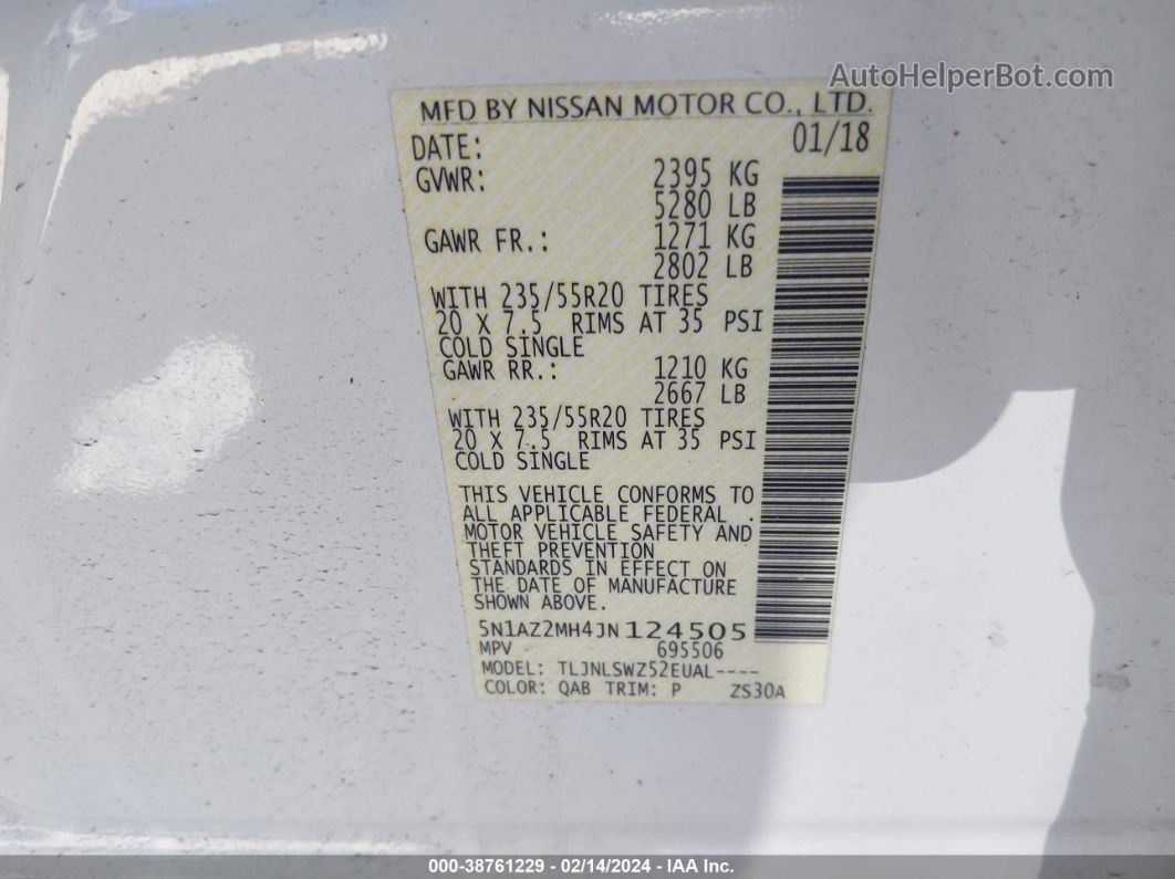 2018 Nissan Murano Platinum White vin: 5N1AZ2MH4JN124505