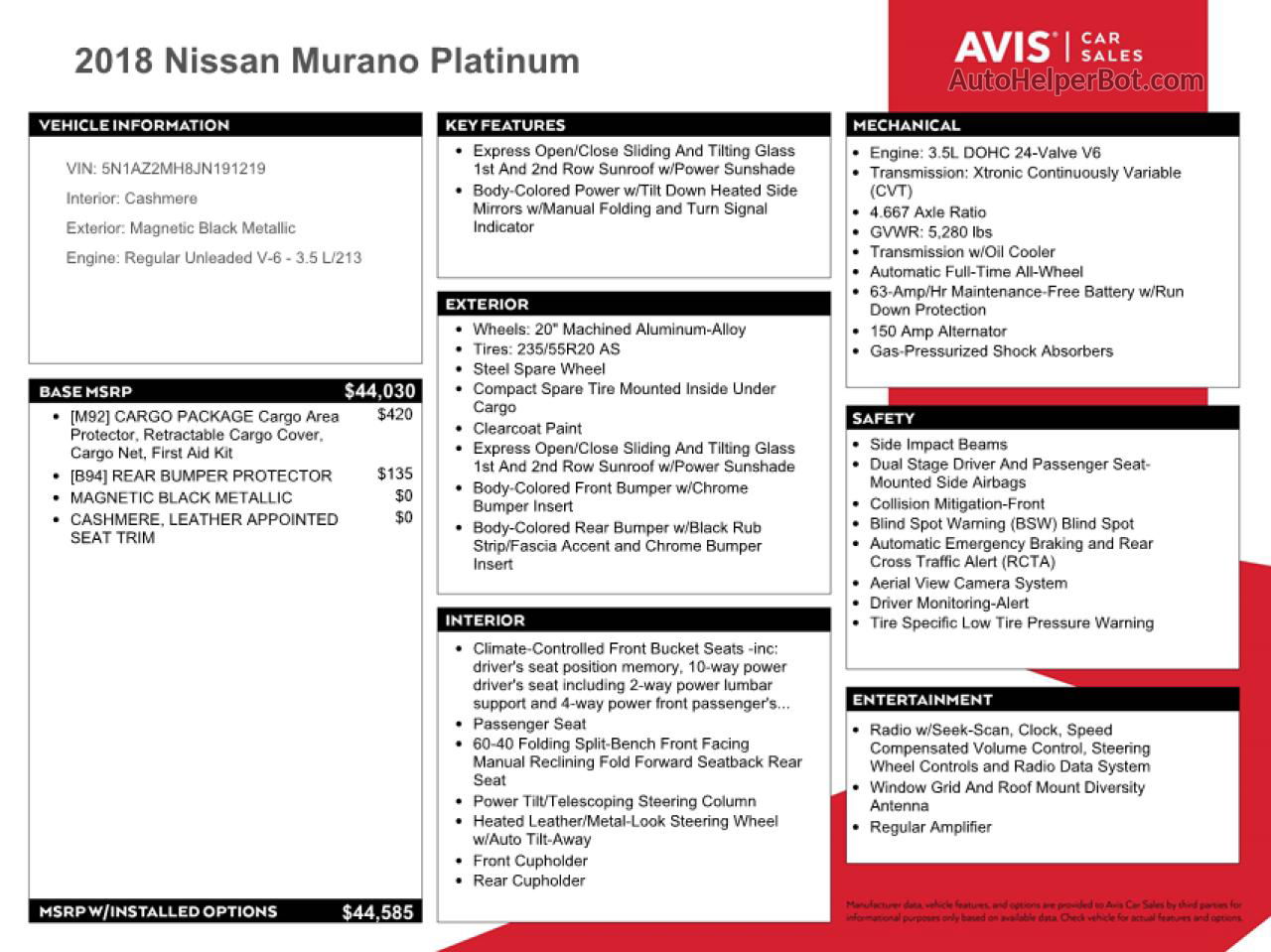 2018 Nissan Murano S Черный vin: 5N1AZ2MH8JN191219