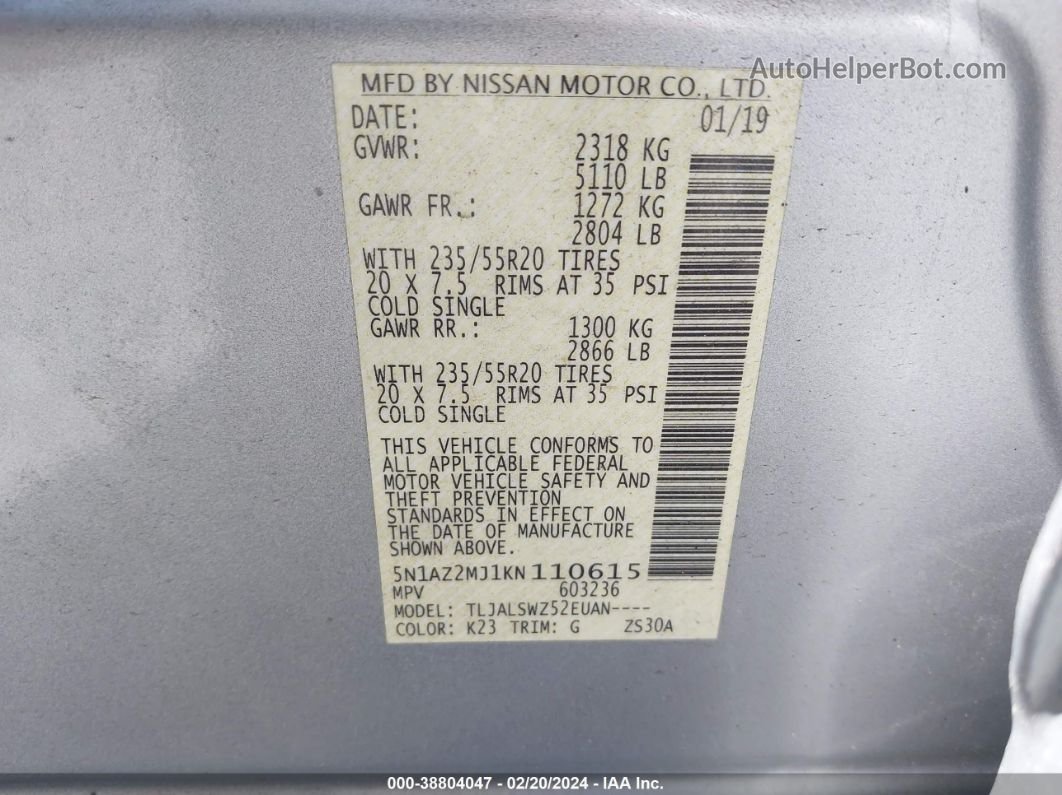 2019 Nissan Murano Platinum Gray vin: 5N1AZ2MJ1KN110615