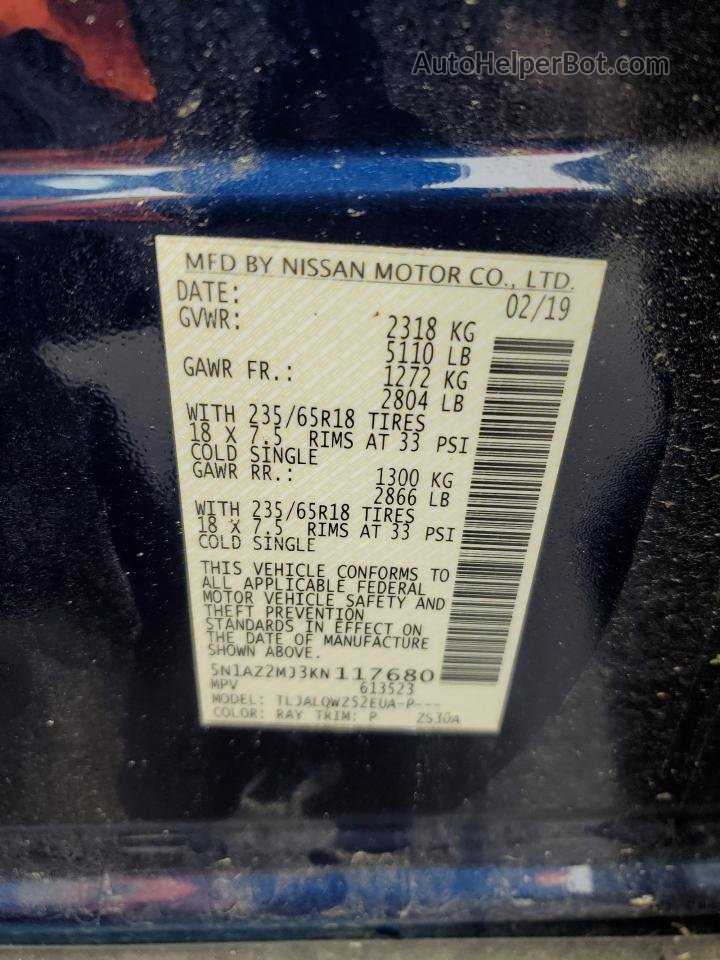 2019 Nissan Murano S Blue vin: 5N1AZ2MJ3KN117680