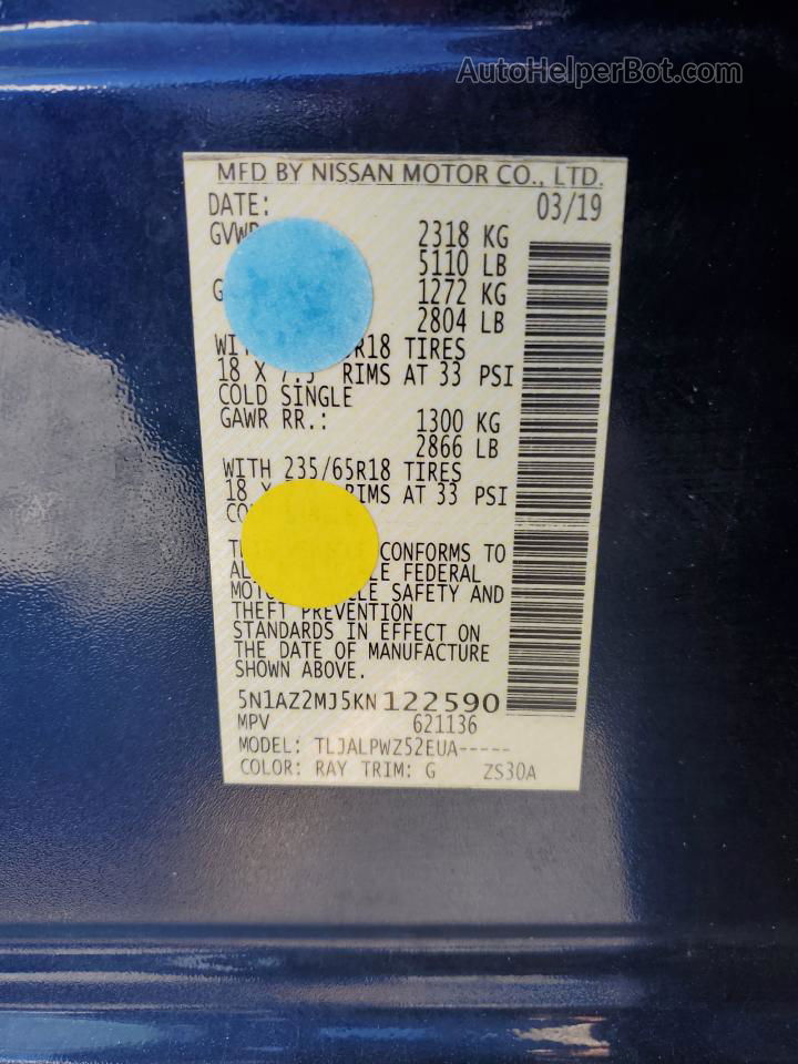 2019 Nissan Murano S Blue vin: 5N1AZ2MJ5KN122590