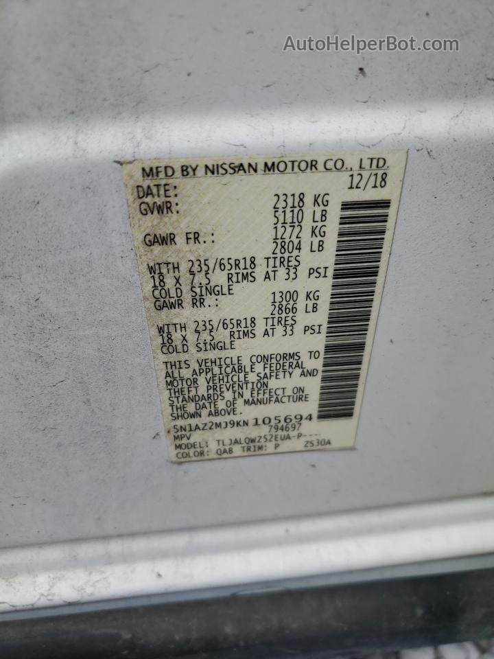 2019 Nissan Murano S Белый vin: 5N1AZ2MJ9KN105694