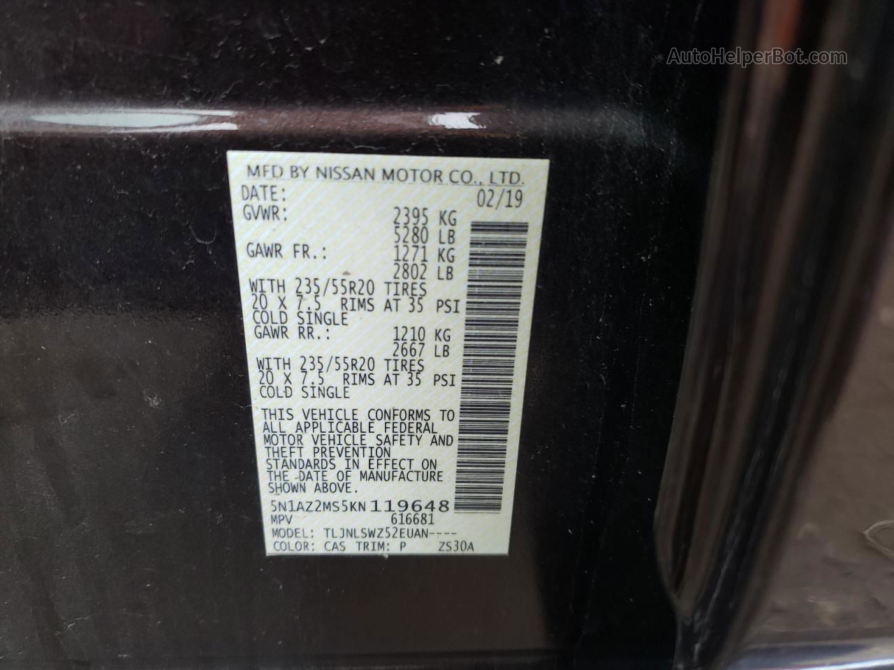 2019 Nissan Murano S Бордовый vin: 5N1AZ2MS5KN119648