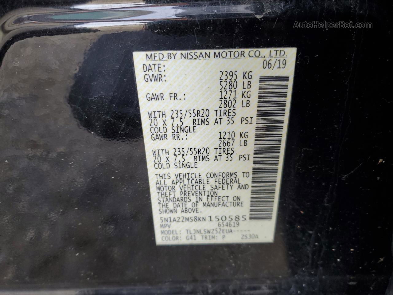 2019 Nissan Murano S Black vin: 5N1AZ2MS8KN150585