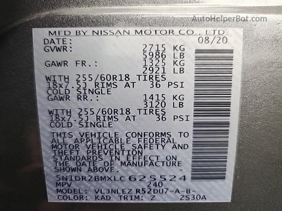 2020 Nissan Pathfinder Sv Gray vin: 5N1DR2BMXLC625524