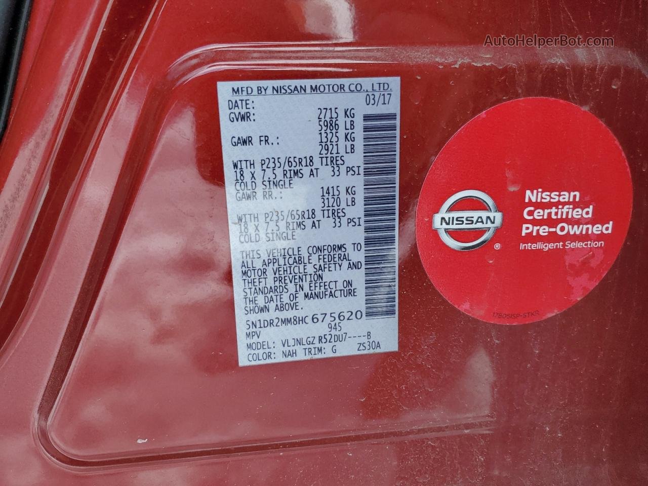2017 Nissan Pathfinder S Red vin: 5N1DR2MM8HC675620