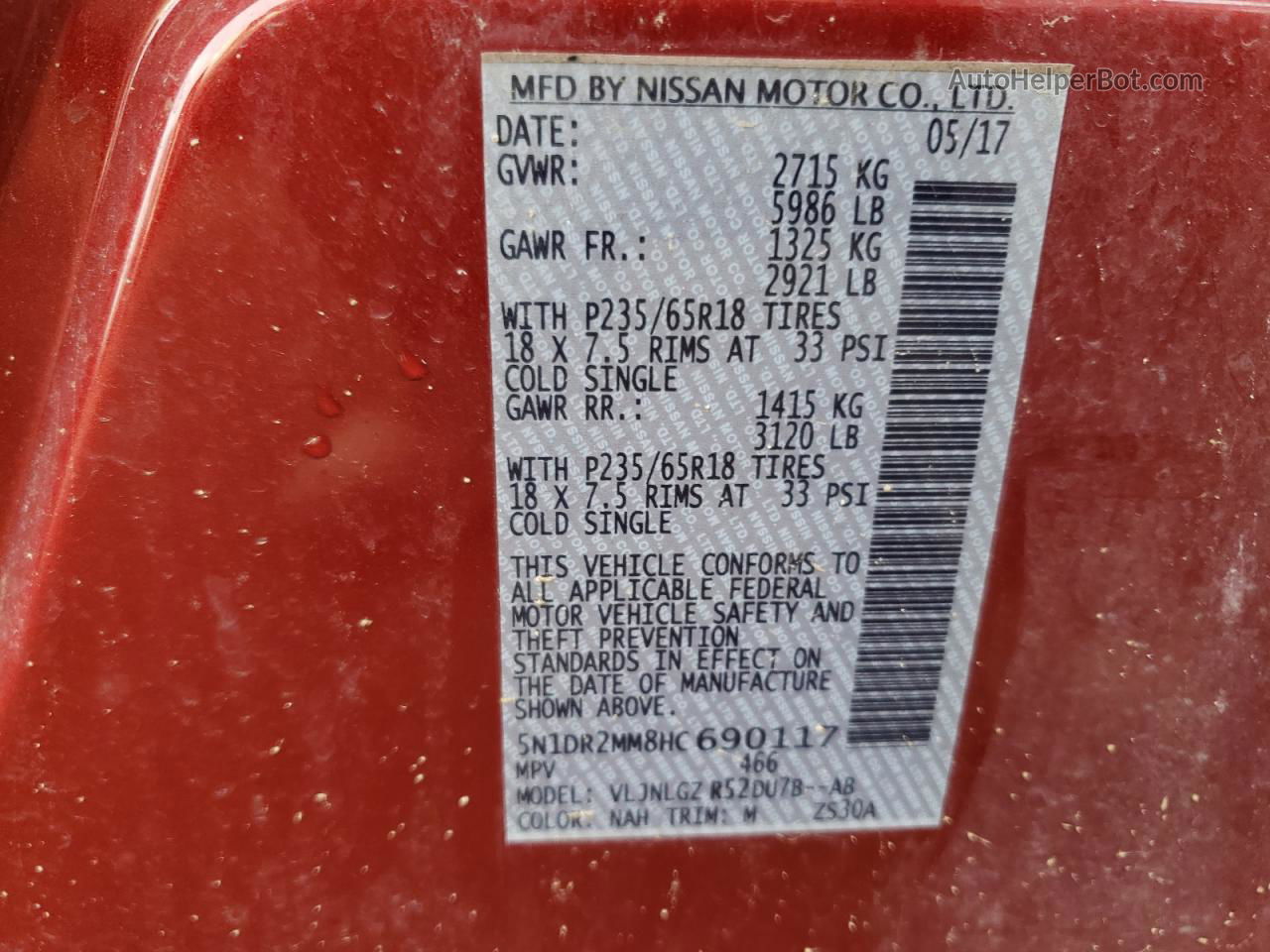 2017 Nissan Pathfinder S Red vin: 5N1DR2MM8HC690117