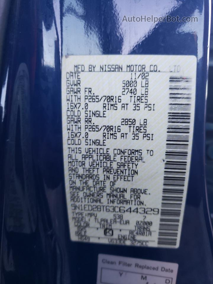 2003 Nissan Xterra Xe Blue vin: 5N1ED28T63C644329