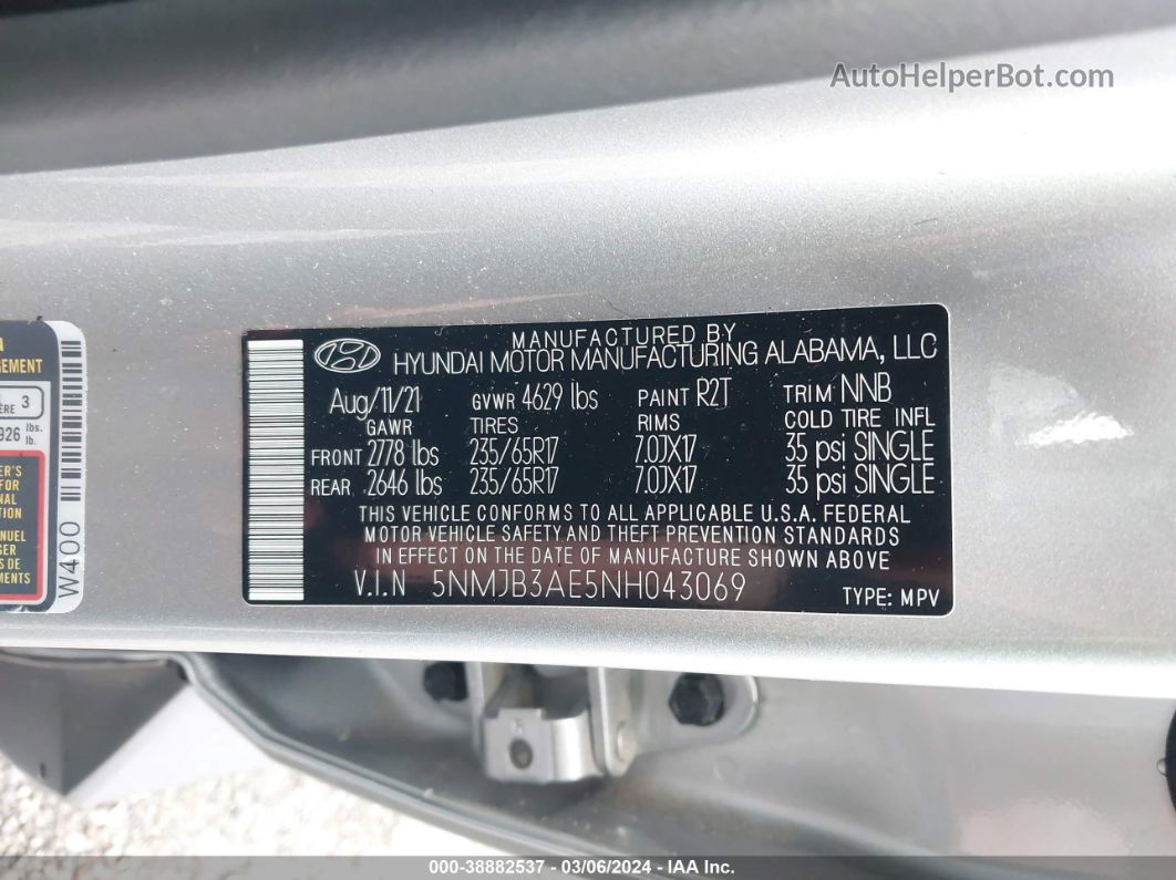 2022 Hyundai Tucson Sel Silver vin: 5NMJB3AE5NH043069