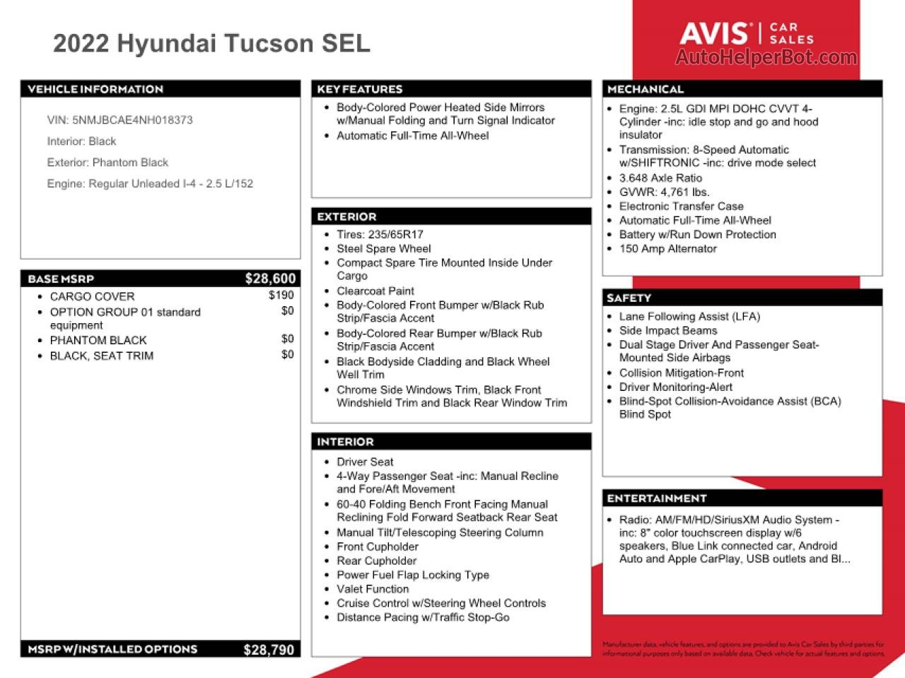 2022 Hyundai Tucson Sel Black vin: 5NMJBCAE4NH018373