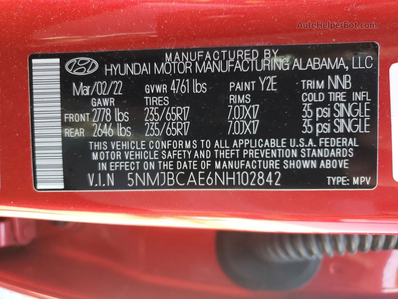 2022 Hyundai Tucson Sel Red vin: 5NMJBCAE6NH102842