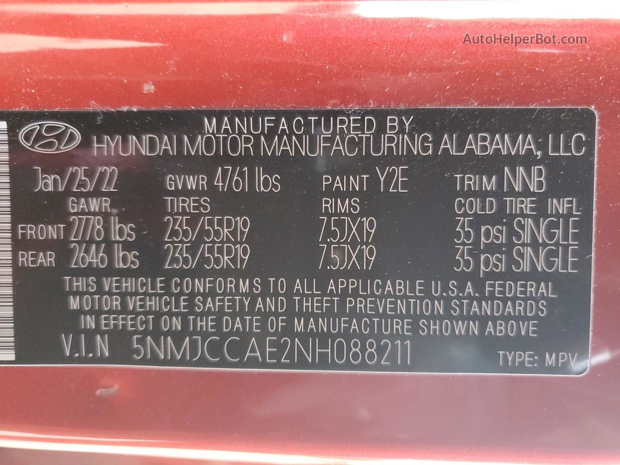 2022 Hyundai Tucson Sel Red vin: 5NMJCCAE2NH088211