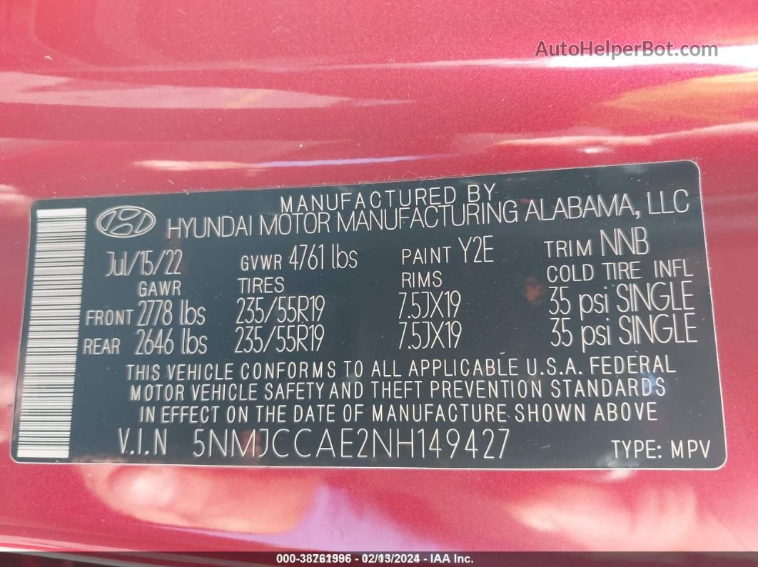 2022 Hyundai Tucson Sel Red vin: 5NMJCCAE2NH149427