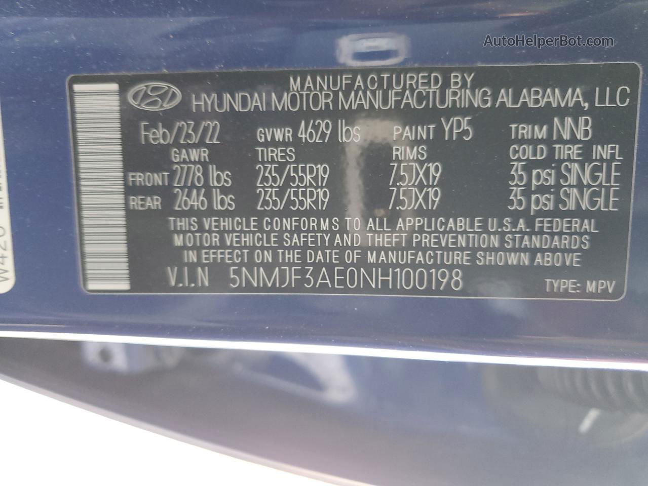 2022 Hyundai Tucson Sel Blue vin: 5NMJF3AE0NH100198